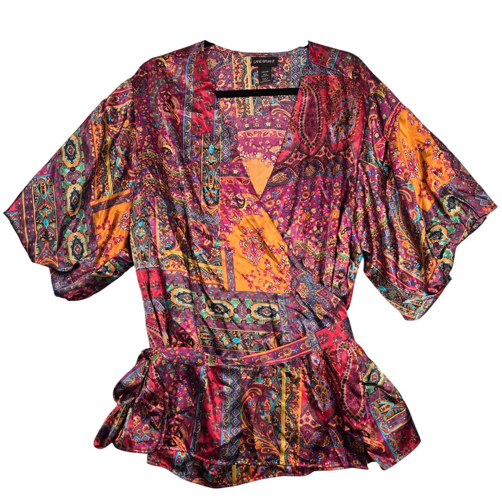 Lane Bryant Women 26/28 Satin Wrap Top Paisley Patchwork Blouse Y2K Peplum Puff